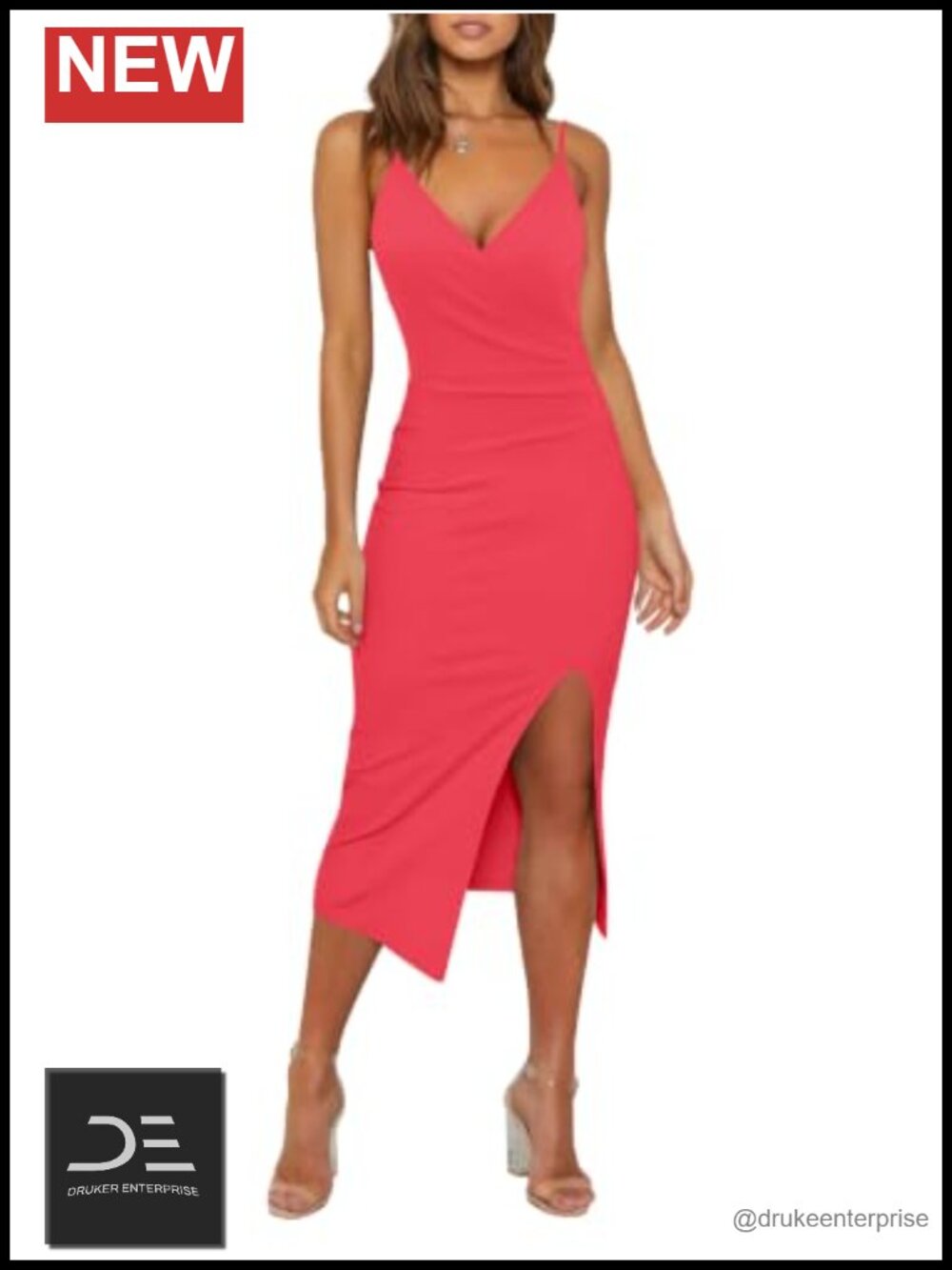 Women's Sexy V Neck Spaghetti Strap Wrap Ruched Side Slit Bodycon Midi Dress